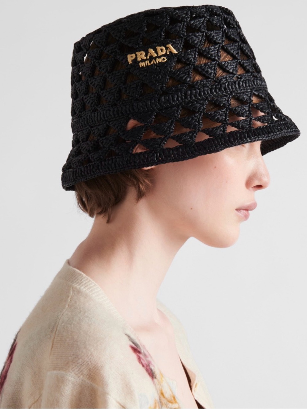 Prada Black Crochet Bucket Hat size M fits like S